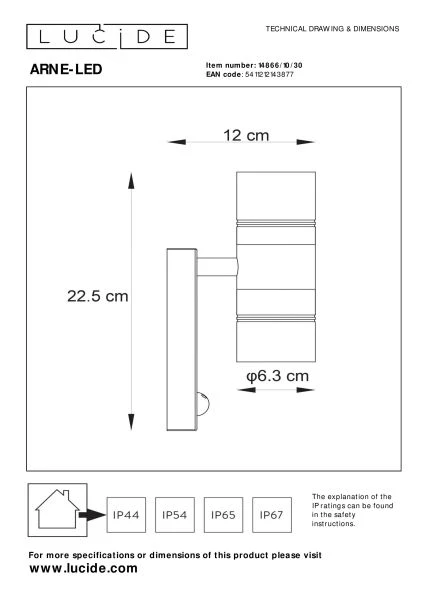 Lucide ARNE-LED IR - Wandspot / Wandlamp Binnen/Buiten - Ø 6,3 cm - LED - GU10 - 2x5W 2700K - IP44 - Beweging & dag/nacht sensor - Zwart - technisch
